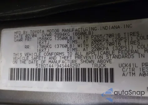 2004 Toyota Tundra Sr5 V8 z USA, uszkodzony, nr VIN 5TBDT44194S448297